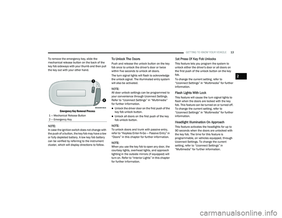 DODGE CHALLENGER 2020 User Guide
GETTING TO KNOW YOUR VEHICLE13
To remove the emergency key, slide the
mechanical release button on the back of the
key fob sideways with your thumb and then pull
the key out with your other hand.
DODGE CHALLENGER 2020 User Guide
GETTING TO KNOW YOUR VEHICLE13
To remove the emergency key, slide the
mechanical release button on the back of the
key fob sideways with your thumb and then pull
the key out with your other hand.