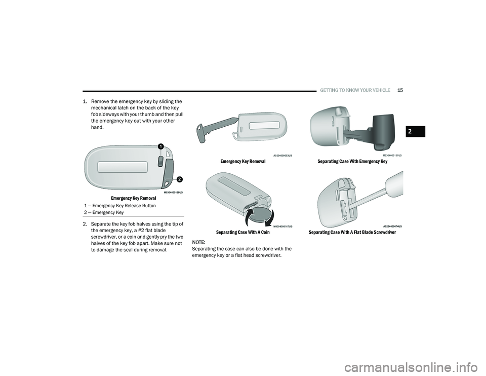 DODGE CHALLENGER 2020 User Guide
GETTING TO KNOW YOUR VEHICLE15
1. Remove the emergency key by sliding the
mechanical latch on the back of the key
fob sideways with your thumb and then pull
the emergency key out with your other DODGE CHALLENGER 2020 User Guide
GETTING TO KNOW YOUR VEHICLE15
1. Remove the emergency key by sliding the
mechanical latch on the back of the key
fob sideways with your thumb and then pull
the emergency key out with your other