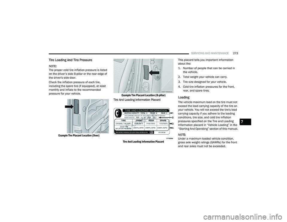 DODGE CHALLENGER 2020 Owners Manual
SERVICING AND MAINTENANCE273
Tire Loading And Tire Pressure
NOTE:
The proper cold tire inflation pressure is listed
on the driver’s side B-pillar or the rear edge of
the driver's side door. DODGE CHALLENGER 2020 Owners Manual
SERVICING AND MAINTENANCE273
Tire Loading And Tire Pressure
NOTE:
The proper cold tire inflation pressure is listed
on the driver’s side B-pillar or the rear edge of
the driver's side door.