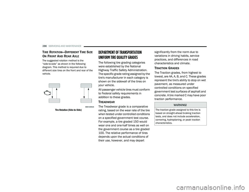 DODGE CHALLENGER 2020 Owners Manual
286SERVICING AND MAINTENANCE
TIRE ROTATION—DIFFERENT TIRE SIZE
O
N FRONT AND REAR AXLE
The suggested rotation method is the
“side-to-side” as shown in the following
diagram. This method is DODGE CHALLENGER 2020 Owners Manual
286SERVICING AND MAINTENANCE
TIRE ROTATION—DIFFERENT TIRE SIZE
O
N FRONT AND REAR AXLE
The suggested rotation method is the
“side-to-side” as shown in the following
diagram. This method is