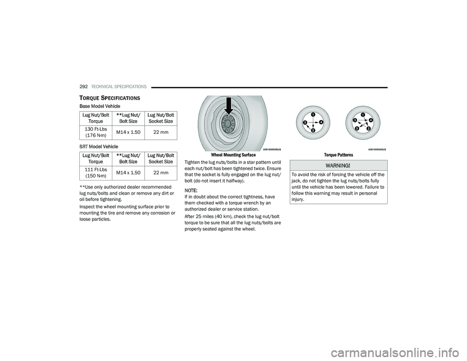 DODGE CHALLENGER 2020 Owners Manual
292TECHNICAL SPECIFICATIONS
TORQUE SPECIFICATIONS
Base Model Vehicle
SRT Model Vehicle
**Use only authorized dealer recommended
lug nuts/bolts and clean or remove any dirt or
oil before tightenin DODGE CHALLENGER 2020 Owners Manual
292TECHNICAL SPECIFICATIONS
TORQUE SPECIFICATIONS
Base Model Vehicle
SRT Model Vehicle
**Use only authorized dealer recommended
lug nuts/bolts and clean or remove any dirt or
oil before tightenin