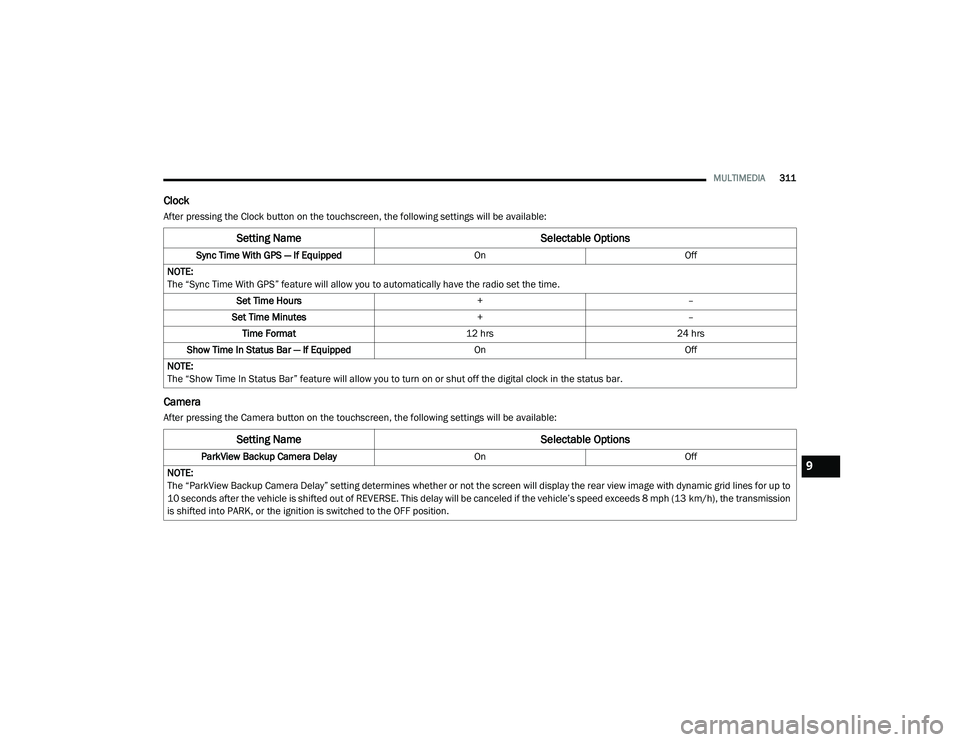 DODGE CHALLENGER 2020  Owners Manual 
MULTIMEDIA311
Clock
After pressing the Clock button on the touchscreen, the following settings will be available:
Camera
After pressing the Camera button on the touchscreen, the following settings wi