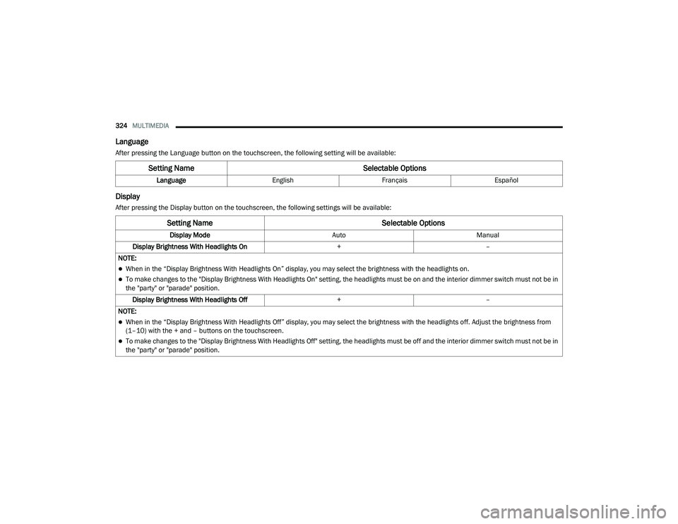 DODGE CHALLENGER 2020  Owners Manual 
324MULTIMEDIA  
Language
After pressing the Language button on the touchscreen, the following setting will be available:
Display
After pressing the Display button on the touchscreen, the following se