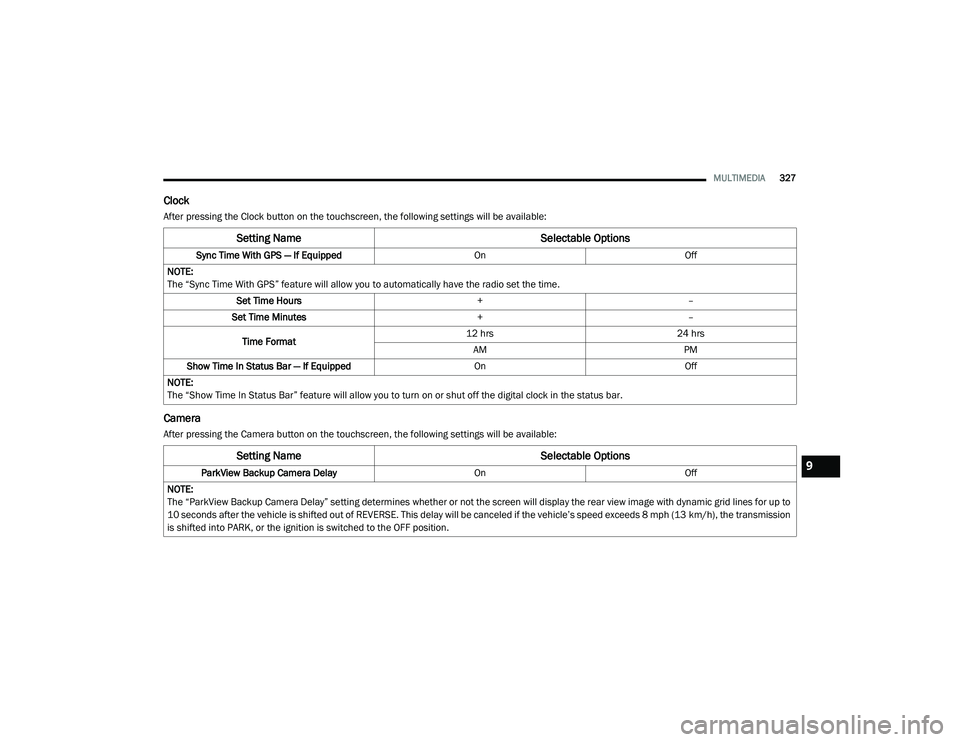 DODGE CHALLENGER 2020  Owners Manual 
MULTIMEDIA327
Clock
After pressing the Clock button on the touchscreen, the following settings will be available:
Camera
After pressing the Camera button on the touchscreen, the following settings wi