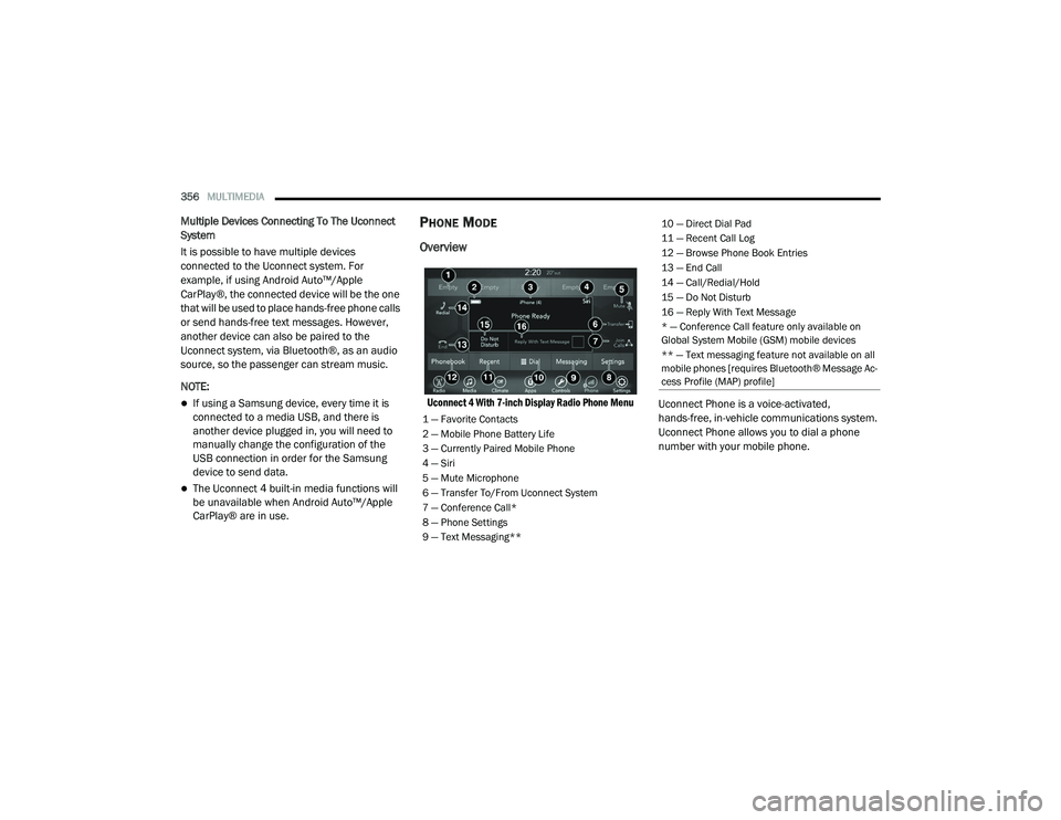 DODGE CHALLENGER 2020 Owners Manual
356MULTIMEDIA
Multiple Devices Connecting To The Uconnect
System
It is possible to have multiple devices
connected to the Uconnect system. For
example, if using Android Auto™/Apple
CarPlay®, DODGE CHALLENGER 2020 Owners Manual
356MULTIMEDIA
Multiple Devices Connecting To The Uconnect
System
It is possible to have multiple devices
connected to the Uconnect system. For
example, if using Android Auto™/Apple
CarPlay®,