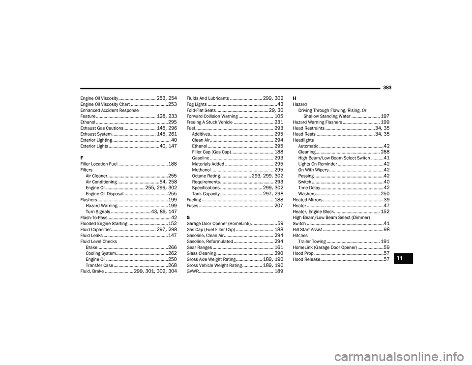DODGE CHALLENGER 2020 User Guide
383
Engine Oil Viscosity
.............................. 253, 254Engine Oil Viscosity Chart.............................. 253Enhanced Accident Response
Feature........................................ DODGE CHALLENGER 2020 User Guide
383
Engine Oil Viscosity
.............................. 253, 254Engine Oil Viscosity Chart.............................. 253Enhanced Accident Response
Feature........................................