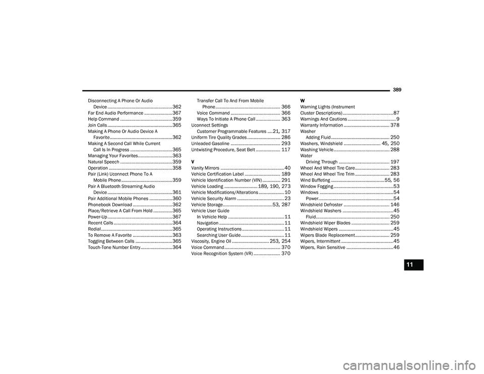 DODGE CHALLENGER 2020  Owners Manual 
389
Disconnecting A Phone Or Audio Device
................................................... 362Far End Audio Performance...................... 367Help Command.......................................