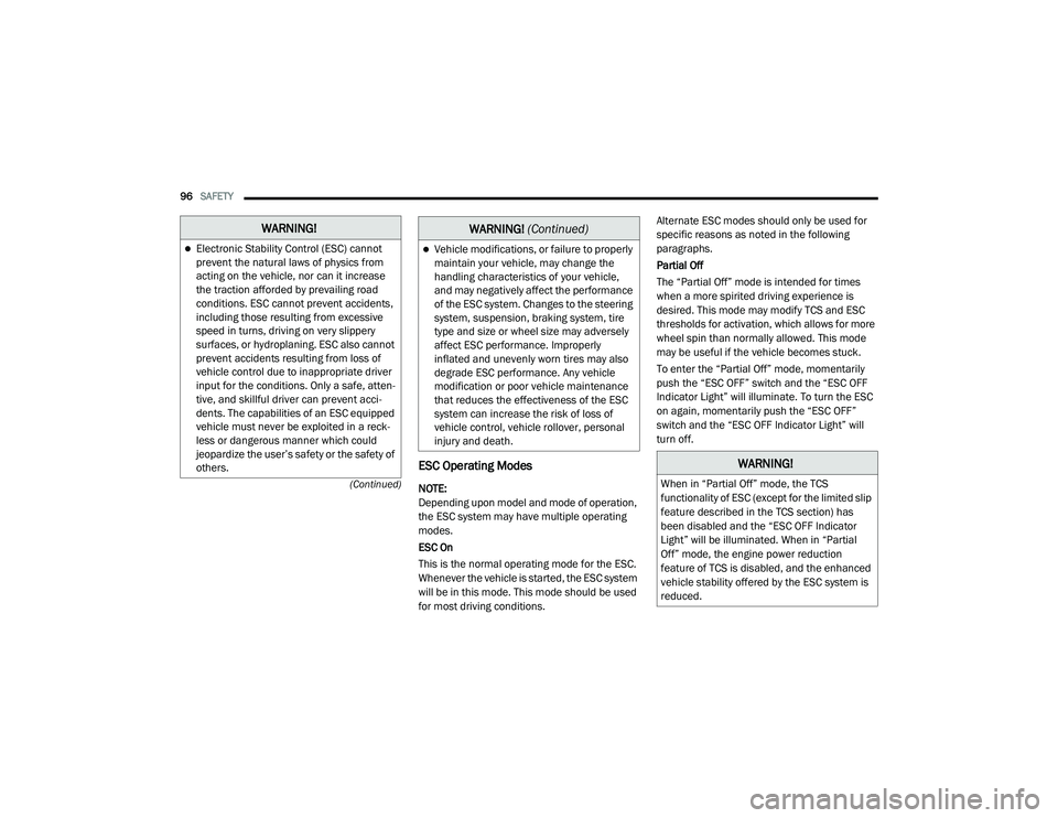 DODGE CHALLENGER 2020  Owners Manual 
96SAFETY  
(Continued)
ESC Operating Modes
NOTE:
Depending upon model and mode of operation, 
the ESC system may have multiple operating 
modes.
ESC On
This is the normal operating mode for the ESC. 