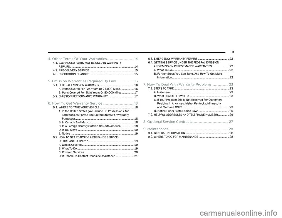 DODGE GRAND CARAVAN 2020  Vehicle Warranty 3
4. Other Terms Of Your Warranties.................................14
4.1. EXCHANGED PARTS MAY BE USED IN WARRANTYREPAIRS .............................................................................