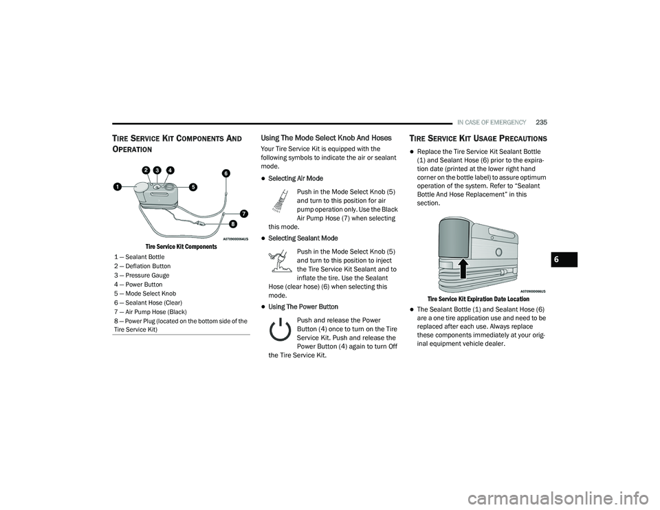 DODGE CHARGER 2020 Owners Manual
IN CASE OF EMERGENCY235
TIRE SERVICE KIT COMPONENTS AND
O
PERATION
Tire Service Kit Components
Using The Mode Select Knob And Hoses
Your Tire Service Kit is equipped with the
following symbols to DODGE CHARGER 2020 Owners Manual
IN CASE OF EMERGENCY235
TIRE SERVICE KIT COMPONENTS AND
O
PERATION
Tire Service Kit Components
Using The Mode Select Knob And Hoses
Your Tire Service Kit is equipped with the
following symbols to