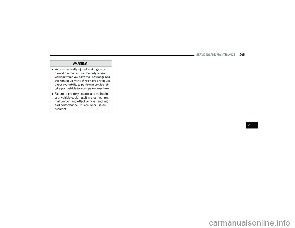 DODGE CHARGER 2020  Owners Manual 
SERVICING AND MAINTENANCE265
WARNING!
You can be badly injured working on or 
around a motor vehicle. Do only service 
work for which you have the knowledge and 
the right equipment. If you have a