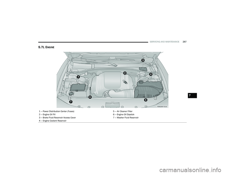DODGE CHARGER 2020  Owners Manual 
SERVICING AND MAINTENANCE267
5.7L ENGINE 
1 — Power Distribution Center (Fuses) 5 — Air Cleaner Filter
2 — Engine Oil Fill 6 — Engine Oil Dipstick
3 — Brake Fluid Reservoir Access Cover 7 