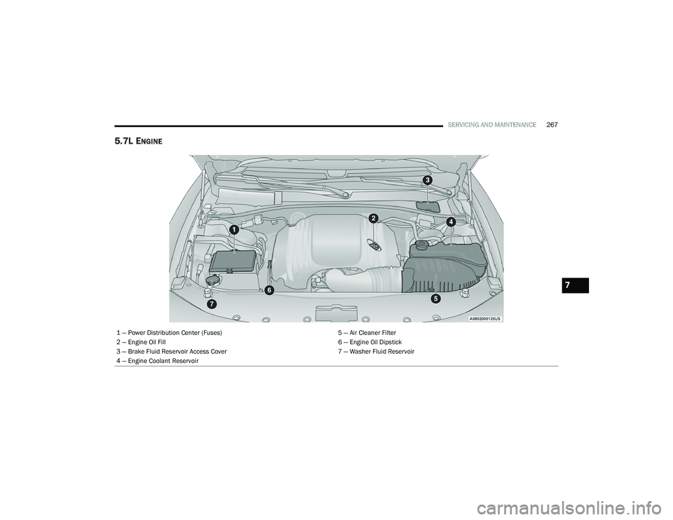 DODGE CHARGER 2020  Owners Manual 
SERVICING AND MAINTENANCE267
5.7L ENGINE 
1 — Power Distribution Center (Fuses) 5 — Air Cleaner Filter
2 — Engine Oil Fill 6 — Engine Oil Dipstick
3 — Brake Fluid Reservoir Access Cover 7 �