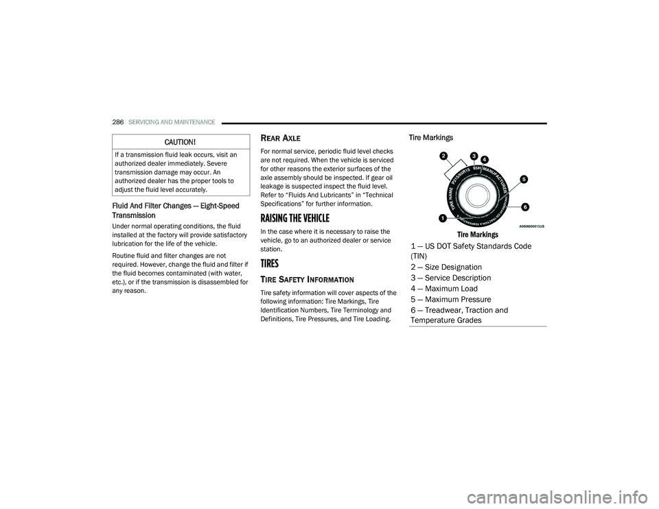 DODGE CHARGER 2020 Owners Manual
286SERVICING AND MAINTENANCE
Fluid And Filter Changes — Eight-Speed
Transmission
Under normal operating conditions, the fluid
installed at the factory will provide satisfactory
lubrication fo DODGE CHARGER 2020 Owners Manual
286SERVICING AND MAINTENANCE
Fluid And Filter Changes — Eight-Speed
Transmission
Under normal operating conditions, the fluid
installed at the factory will provide satisfactory
lubrication fo