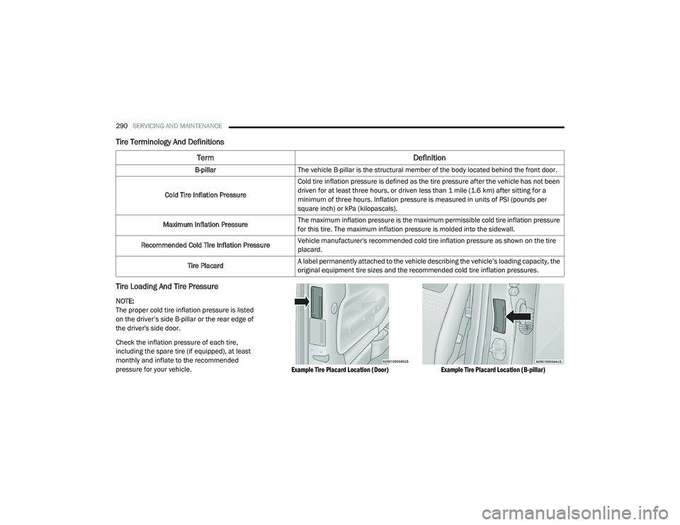 DODGE CHARGER 2020  Owners Manual 
290SERVICING AND MAINTENANCE  
Tire Terminology And Definitions
Tire Loading And Tire Pressure  
NOTE:
The proper cold tire inflation pressure is listed 
on the driver’s side B-pillar or the rear e