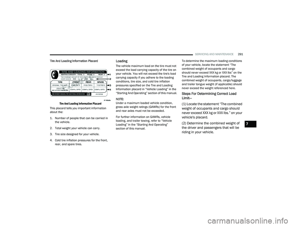 DODGE CHARGER 2020  Owners Manual 
SERVICING AND MAINTENANCE291
Tire And Loading Information Placard

Tire And Loading Information Placard

This placard tells you important information 
about the:

1. Number of people that can be carr