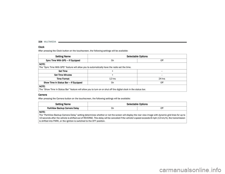 DODGE CHARGER 2020  Owners Manual 
326MULTIMEDIA  
Clock
After pressing the Clock button on the touchscreen, the following settings will be available:
Camera
After pressing the Camera button on the touchscreen, the following settings 