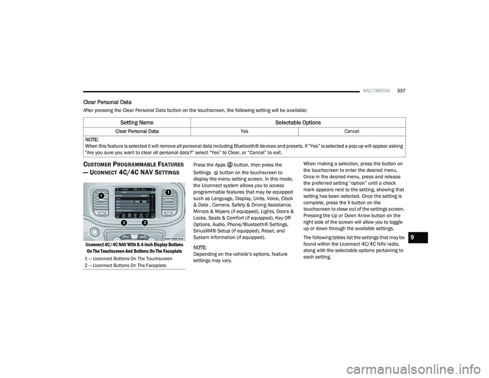 DODGE CHARGER 2020  Owners Manual 
MULTIMEDIA337
Clear Personal Data
After pressing the Clear Personal Data button on the touchscreen, the following setting will be available:
CUSTOMER PROGRAMMABLE FEATURES 
— U
CONNECT 4C/4C NAV SE