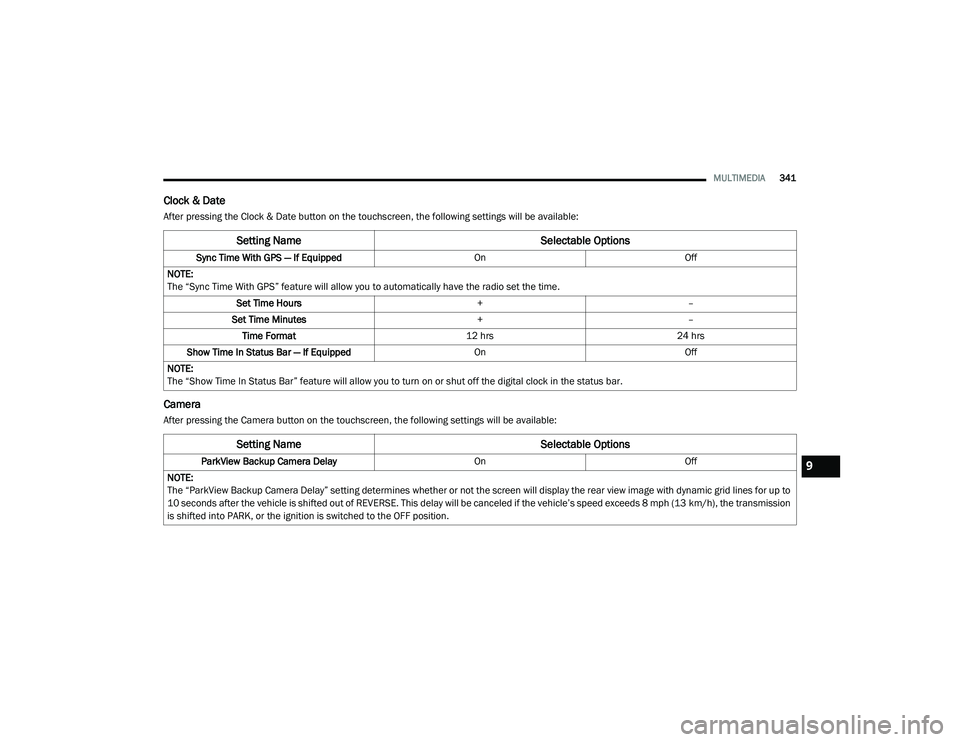 DODGE CHARGER 2020  Owners Manual 
MULTIMEDIA341
Clock & Date
After pressing the Clock & Date button on the touchscreen, the following settings will be available:
Camera
After pressing the Camera button on the touchscreen, the followi