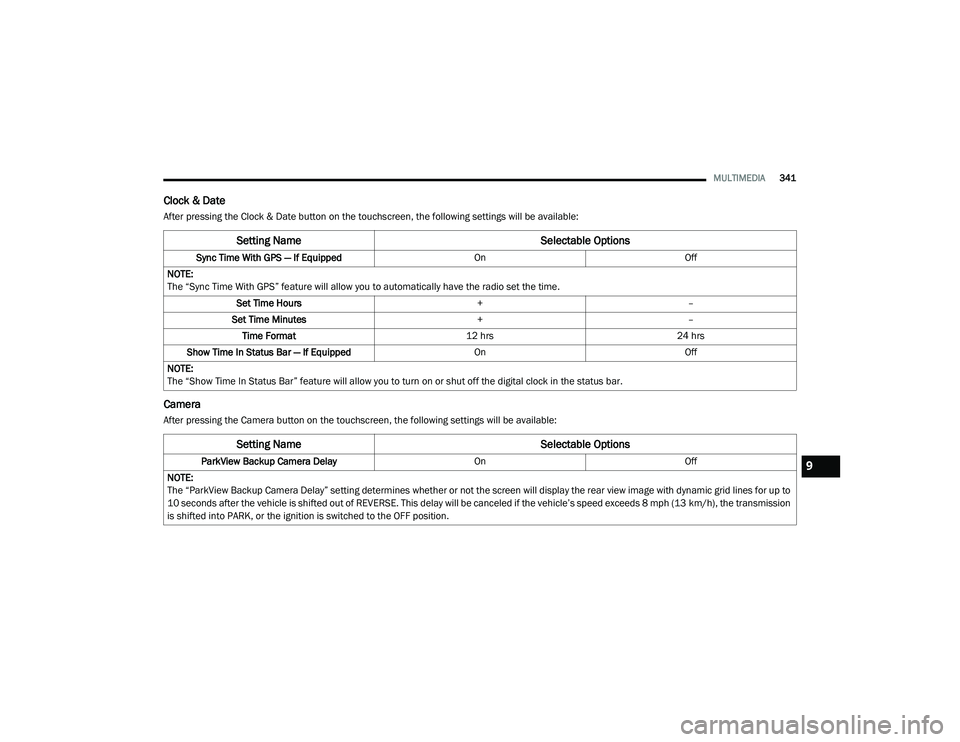 DODGE CHARGER 2020  Owners Manual 
MULTIMEDIA341
Clock & Date
After pressing the Clock & Date button on the touchscreen, the following settings will be available:
Camera
After pressing the Camera button on the touchscreen, the followi