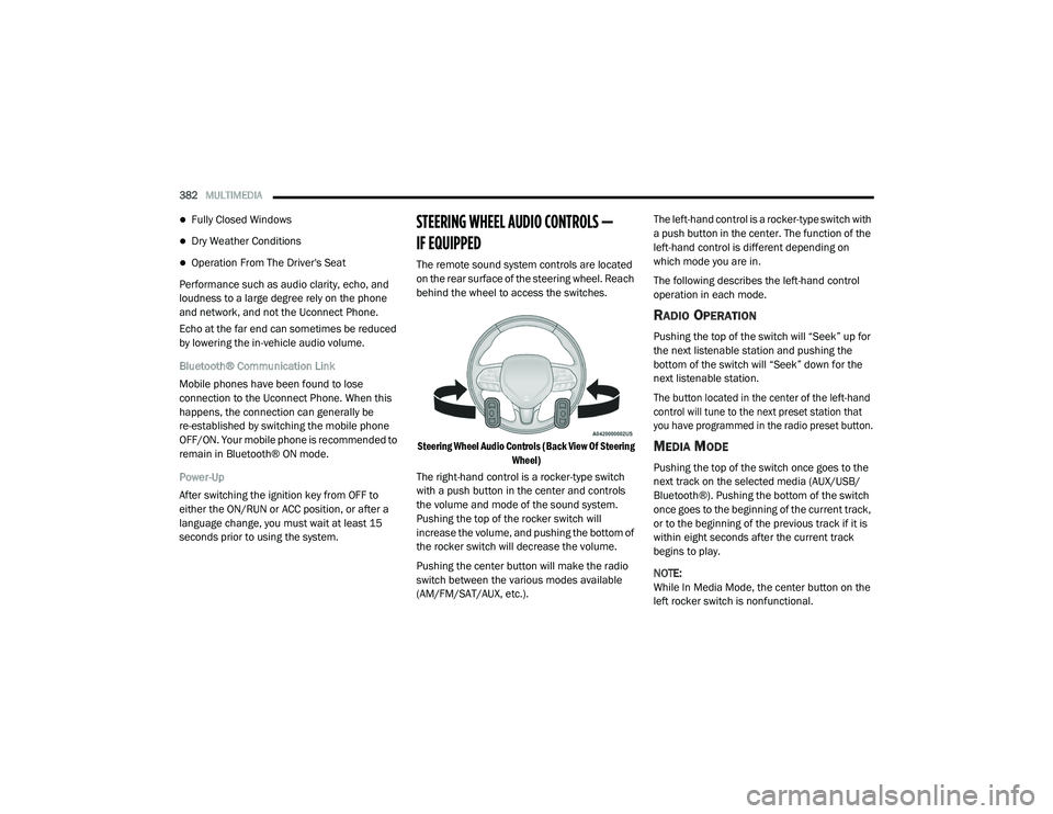 DODGE CHARGER 2020 Owners Manual
382MULTIMEDIA
Fully Closed Windows
Dry Weather Conditions
Operation From The Driver's Seat
Performance such as audio clarity, echo, and
loudness to a large degree rely on the phone
a DODGE CHARGER 2020 Owners Manual
382MULTIMEDIA
Fully Closed Windows
Dry Weather Conditions
Operation From The Driver's Seat
Performance such as audio clarity, echo, and
loudness to a large degree rely on the phone
a