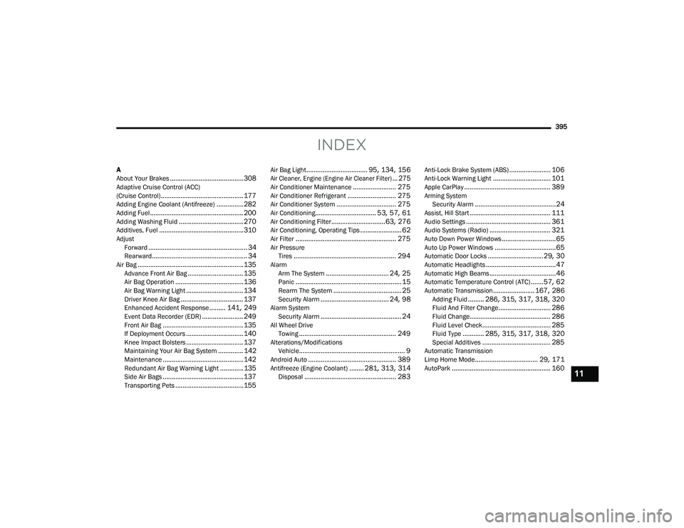 DODGE CHARGER 2020  Owners Manual 
395
INDEX
A
About Your Brakes......................................... 308Adaptive Cruise Control (ACC) 
(Cruise Control).............................................. 177Adding Engine Coolant (Antif