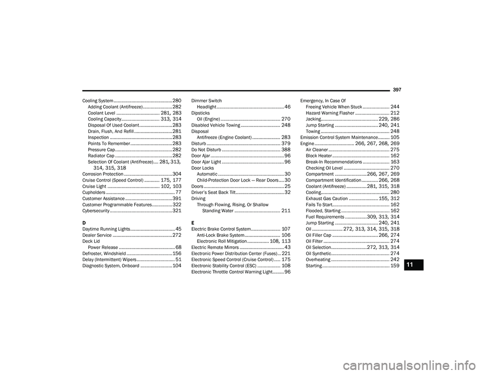 DODGE CHARGER 2020  Owners Manual 
397
Cooling System
.............................................. 280Adding Coolant (Antifreeze)....................... 282Coolant Level.................................. 281, 283Cooling Capacity....