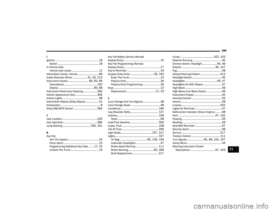 DODGE CHARGER 2020  Owners Manual 
399
I
Ignition
............................................................ 18Switch......................................................... 18In Vehicle Help Vehicle User Guide.....................