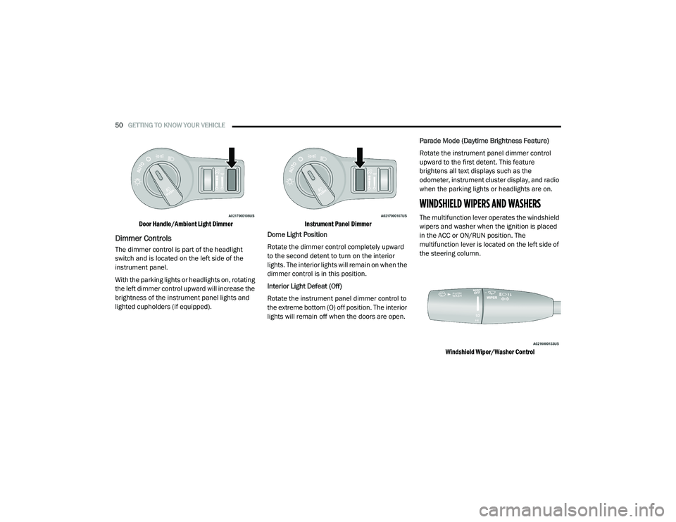 DODGE CHARGER 2020 Workshop Manual 
50GETTING TO KNOW YOUR VEHICLE  

Door Handle/Ambient Light Dimmer

Dimmer Controls  
The dimmer control is part of the headlight 
switch and is located on the left side of the 
instrument panel.
Wit