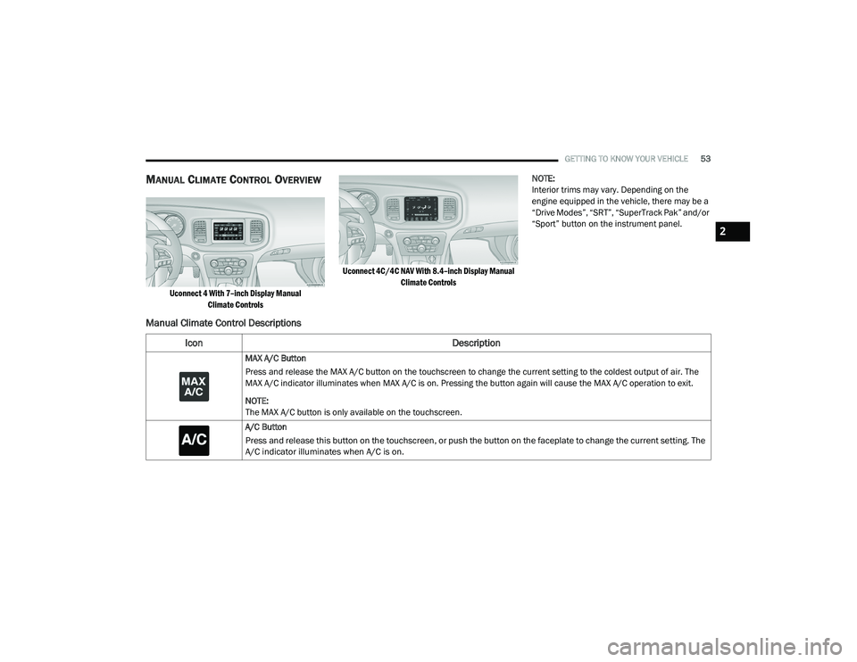 DODGE CHARGER 2020 Workshop Manual 
GETTING TO KNOW YOUR VEHICLE53
MANUAL CLIMATE CONTROL OVERVIEW 

Uconnect 4 With 7–inch Display Manual 
Climate Controls Uconnect 4C/4C NAV With 8.4–inch Display Manual 
Climate Controls
 NOTE:
I