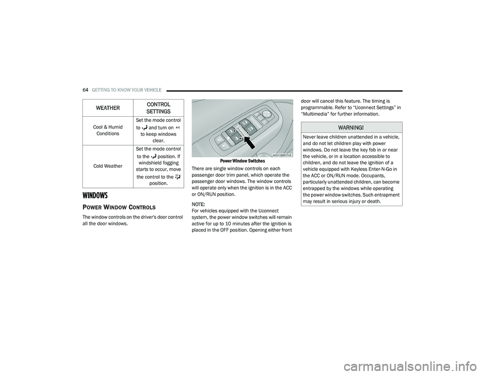 DODGE CHARGER 2020 Repair Manual 
64GETTING TO KNOW YOUR VEHICLE  
WINDOWS 
POWER WINDOW CONTROLS
The window controls on the driver's door control 
all the door windows.
 Power Window Switches

There are single window controls on