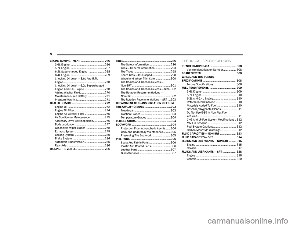 DODGE CHARGER 2020  Owners Manual 
6 
ENGINE COMPARTMENT .................................. 266 3.6L Engine  ...............................................2665.7L Engine  ...............................................2676.2L Superch