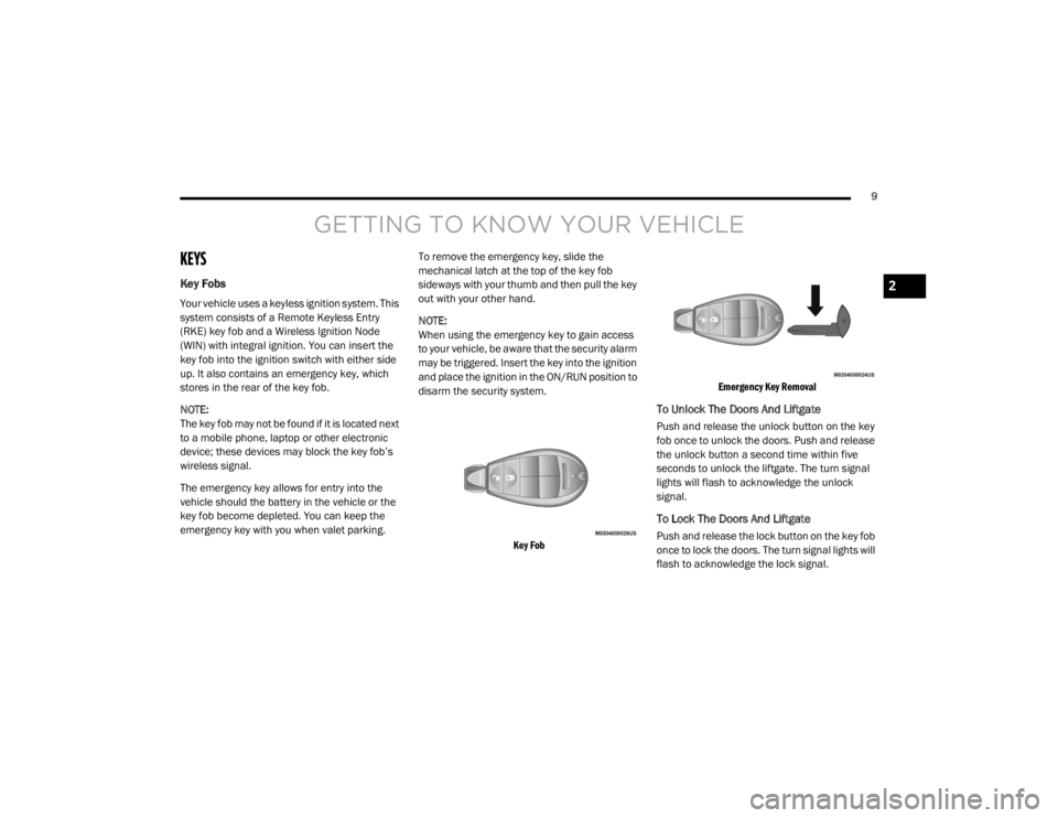 DODGE GRAND CARAVAN 2020 User Guide
9GETTING TO KNOW YOUR VEHICLE
KEYS
Key Fobs
Your vehicle uses a keyless ignition system. This
system consists of a Remote Keyless Entry
(RKE) key fob and a Wireless Ignition Node
(WIN) with integ DODGE GRAND CARAVAN 2020 User Guide
9GETTING TO KNOW YOUR VEHICLE
KEYS
Key Fobs
Your vehicle uses a keyless ignition system. This
system consists of a Remote Keyless Entry
(RKE) key fob and a Wireless Ignition Node
(WIN) with integ