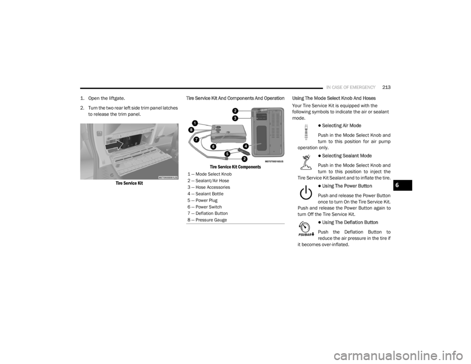 DODGE GRAND CARAVAN 2020  Owners Manual 
IN CASE OF EMERGENCY213

1. Open the liftgate.

2. Turn the two rear left side trim panel latches 
to release the trim panel.

Tire Service Kit
 Tire Service Kit And Components And Operation

Tire Se