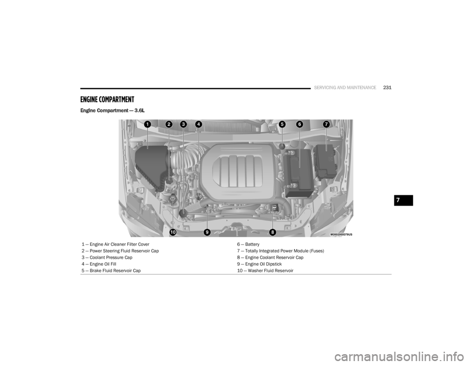 DODGE GRAND CARAVAN 2020 Owners Manual
SERVICING AND MAINTENANCE231
ENGINE COMPARTMENT
Engine Compartment — 3.6L
1 — Engine Air Cleaner Filter Cover 6 — Battery
2 — Power Steering Fluid Reservoir Cap 7 — Totally Integrated Pow DODGE GRAND CARAVAN 2020 Owners Manual
SERVICING AND MAINTENANCE231
ENGINE COMPARTMENT
Engine Compartment — 3.6L
1 — Engine Air Cleaner Filter Cover 6 — Battery
2 — Power Steering Fluid Reservoir Cap 7 — Totally Integrated Pow