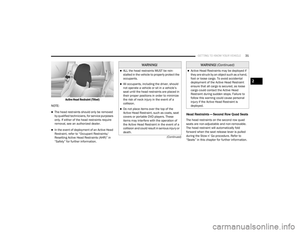 DODGE GRAND CARAVAN 2020  Owners Manual 
GETTING TO KNOW YOUR VEHICLE31
(Continued)

Active Head Restraint (Tilted)

NOTE:
The head restraints should only be removed 
by qualified technicians, for service purposes 
only. If either of the