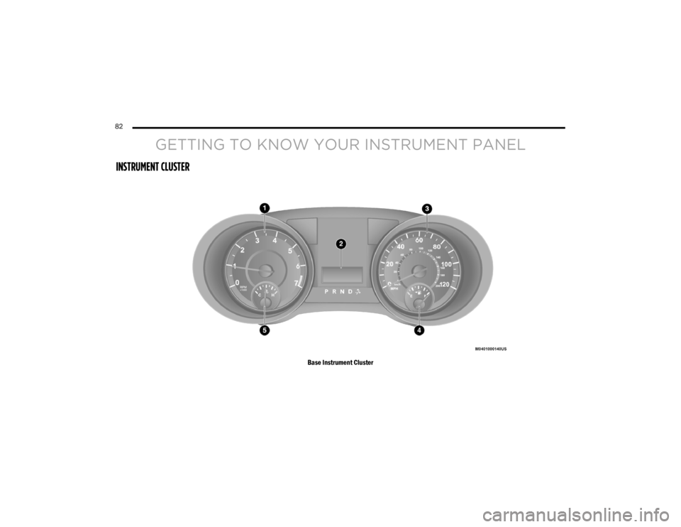 DODGE GRAND CARAVAN 2020 Manual Online
82
GETTING TO KNOW YOUR INSTRUMENT PANEL
INSTRUMENT CLUSTER
Base Instrument Cluster
20_RT_OM_EN_USC_t.book Page 82 DODGE GRAND CARAVAN 2020 Manual Online
82
GETTING TO KNOW YOUR INSTRUMENT PANEL
INSTRUMENT CLUSTER
Base Instrument Cluster
20_RT_OM_EN_USC_t.book Page 82