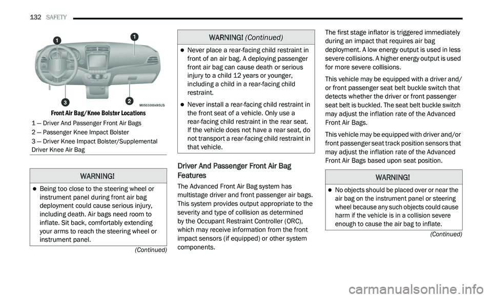 DODGE JOURNEY 2020 Owners Manual
132 SAFETY
(Continued)
(Continued)
Front Air Bag/Knee Bolster Locations
Driver And Passenger Front Air Bag
Features
The Advanced Front Air Bag system has
multistage driver and front passen DODGE JOURNEY 2020 Owners Manual
132 SAFETY
(Continued)
(Continued)
Front Air Bag/Knee Bolster Locations
Driver And Passenger Front Air Bag
Features
The Advanced Front Air Bag system has
multistage driver and front passen