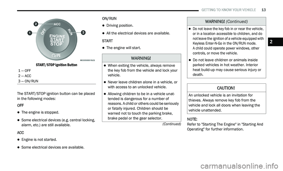 DODGE JOURNEY 2020 Owners Manual
GETTING TO KNOW YOUR VEHICLE 13
(Continued)
START/STOP Ignition Button
The START/STOP ignition button can be placed
i n
the following modes:
OFF
The engine is stopped.
Some elec DODGE JOURNEY 2020 Owners Manual
GETTING TO KNOW YOUR VEHICLE 13
(Continued)
START/STOP Ignition Button
The START/STOP ignition button can be placed
i n
the following modes:
OFF
The engine is stopped.
Some elec