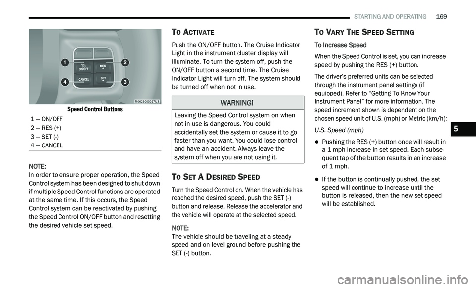 DODGE JOURNEY 2020 Owners Manual
STARTING AND OPERATING 169
Speed Control Buttons
NOTE:
In order to ensure proper operation, the Speed
Co
ntrol system has been designed to shut down
if multiple Speed Control function DODGE JOURNEY 2020 Owners Manual
STARTING AND OPERATING 169
Speed Control Buttons
NOTE:
In order to ensure proper operation, the Speed
Co
ntrol system has been designed to shut down
if multiple Speed Control function