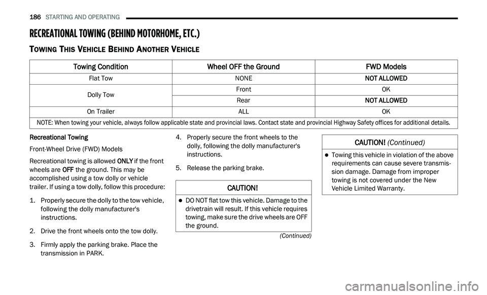 DODGE JOURNEY 2020 Owners Manual
186 STARTING AND OPERATING
(Continued)
RECREATIONAL TOWING (BEHIND MOTORHOME, ETC.)
TOWING THIS VEHICLE BEHIND ANOTHER VEHICLE
Recreational Towing
Front-Wheel Drive (FWD) Models
Recreational DODGE JOURNEY 2020 Owners Manual
186 STARTING AND OPERATING
(Continued)
RECREATIONAL TOWING (BEHIND MOTORHOME, ETC.)
TOWING THIS VEHICLE BEHIND ANOTHER VEHICLE
Recreational Towing
Front-Wheel Drive (FWD) Models
Recreational
