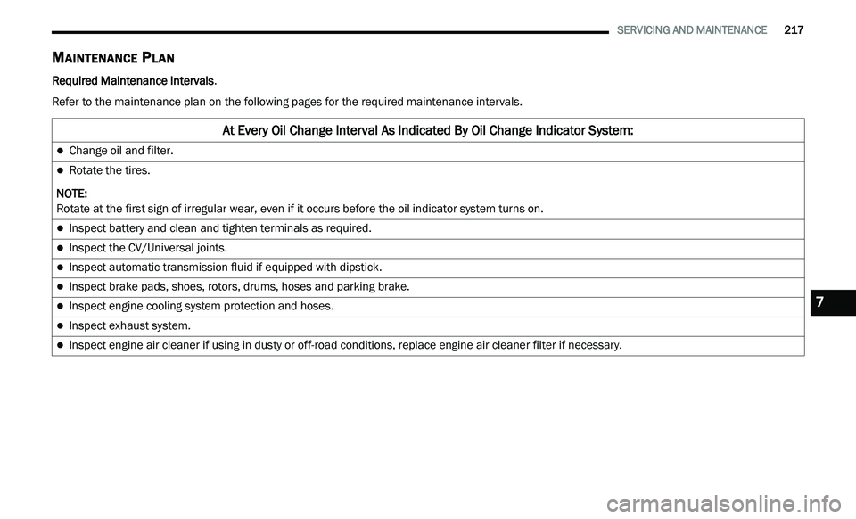 DODGE JOURNEY 2020 Repair Manual
SERVICING AND MAINTENANCE 217
MAINTENANCE PLAN
Required Maintenance Intervals .
Refer to the maintenance plan on the following pages for the required maintenance intervals.
At Every Oil Chan DODGE JOURNEY 2020 Repair Manual
SERVICING AND MAINTENANCE 217
MAINTENANCE PLAN
Required Maintenance Intervals .
Refer to the maintenance plan on the following pages for the required maintenance intervals.
At Every Oil Chan