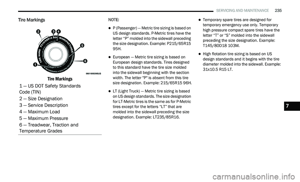 DODGE JOURNEY 2020  Owners Manual 
   SERVICING AND MAINTENANCE       235
Tire Markings 

Tire Markings

NOTE:
P (Passenger) — Metric tire sizing is based on 
US design standards. P-Metric tires have the 
letter “P” molded in