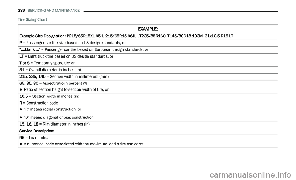 DODGE JOURNEY 2020  Owners Manual 
236   SERVICING AND MAINTENANCE     
Tire Sizing Chart 
EXAMPLE:
Example Size Designation: P215/65R15XL 95H, 215/65R15 96H, LT235/85R16C, T145/80D18 103M, 31x10.5 R15 LT
P = Passenger car tire size b