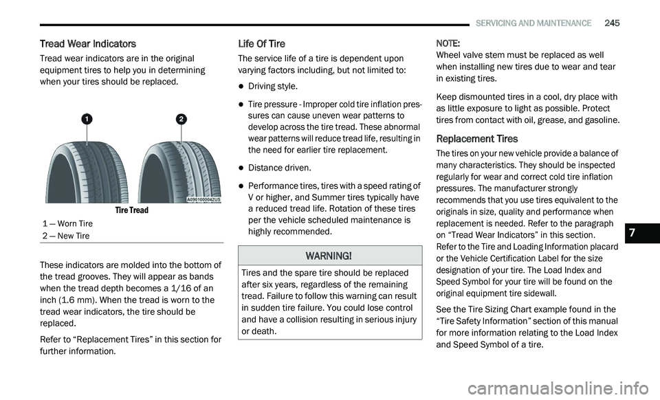 DODGE JOURNEY 2020 User Guide
SERVICING AND MAINTENANCE 245
Tread Wear Indicators
Tread wear indicators are in the original
equipment tires to help you in determining
when your tires should be replaced.
Tire Tread
T DODGE JOURNEY 2020 User Guide
SERVICING AND MAINTENANCE 245
Tread Wear Indicators
Tread wear indicators are in the original
equipment tires to help you in determining
when your tires should be replaced.
Tire Tread
T