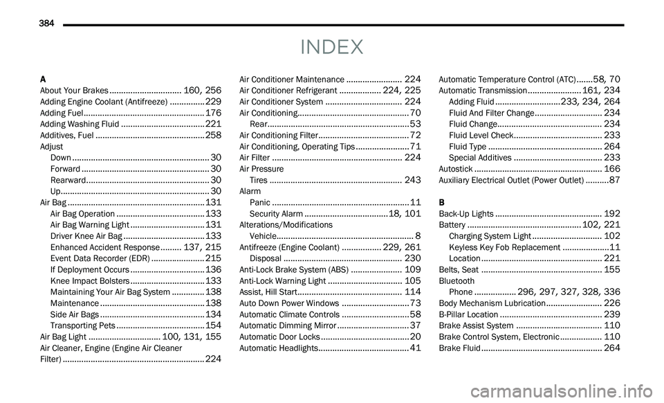 DODGE JOURNEY 2020 User Guide
384
INDEX
A
About Your Brakes...............................160, 256Adding Engine Coolant (Antifreeze)...............229Adding Fuel....................................................176Adding Wa DODGE JOURNEY 2020 User Guide
384
INDEX
A
About Your Brakes...............................160, 256Adding Engine Coolant (Antifreeze)...............229Adding Fuel....................................................176Adding Wa