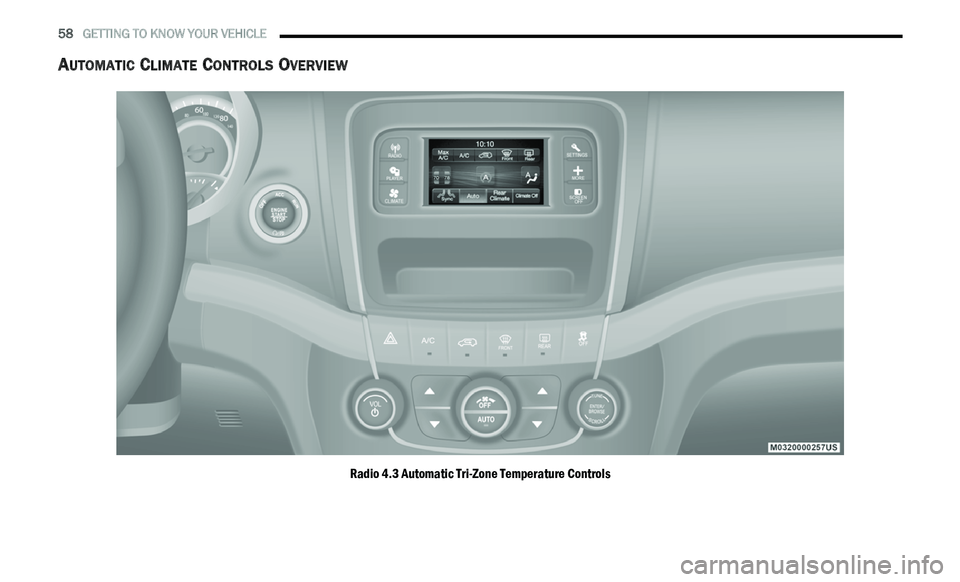 DODGE JOURNEY 2020 Workshop Manual
58 GETTING TO KNOW YOUR VEHICLE
AUTOMATIC CLIMATE CONTROLS OVERVIEW
Radio 4.3 Automatic Tri-Zone Temperature Controls DODGE JOURNEY 2020 Workshop Manual
58 GETTING TO KNOW YOUR VEHICLE
AUTOMATIC CLIMATE CONTROLS OVERVIEW
Radio 4.3 Automatic Tri-Zone Temperature Controls
