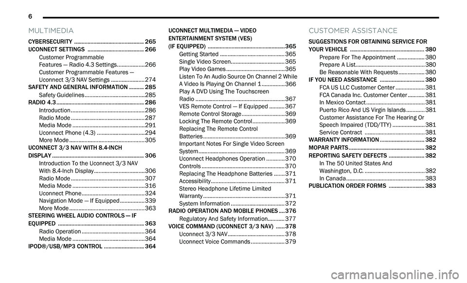 DODGE JOURNEY 2020 Owners Manual
6
MULTIMEDIA
CYBERSECURITY ............................................... 265
UCONNECT SETTINGS .. .................................... 266
Customer Programmable
Features — Radio 4.3 Se DODGE JOURNEY 2020 Owners Manual
6
MULTIMEDIA
CYBERSECURITY ............................................... 265
UCONNECT SETTINGS .. .................................... 266
Customer Programmable
Features — Radio 4.3 Se