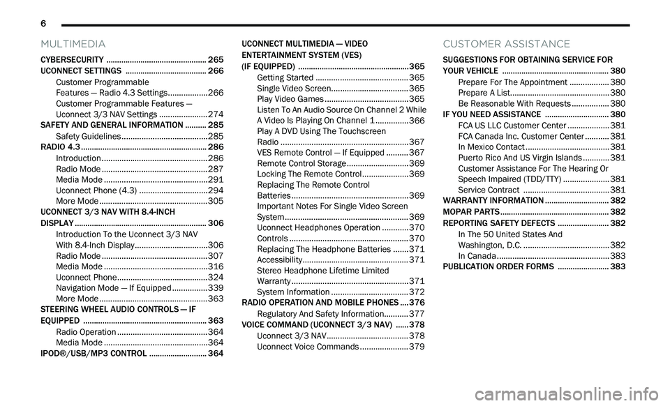 DODGE JOURNEY 2020  Owners Manual 
6       
MULTIMEDIA
CYBERSECURITY  ............................................... 265
UCONNECT SETTINGS  .. .................................... 266
Customer Programmable  
Features — Radio 4.3 Se