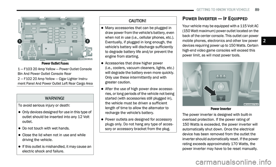 DODGE JOURNEY 2020 User Guide
GETTING TO KNOW YOUR VEHICLE 89
Power Outlet Fuses
POWER INVERTER — IF EQUIPPED
Your vehicle may be equipped with a 115 Volt AC
(150 Watt maximum) power outlet located on the
back of DODGE JOURNEY 2020 User Guide
GETTING TO KNOW YOUR VEHICLE 89
Power Outlet Fuses
POWER INVERTER — IF EQUIPPED
Your vehicle may be equipped with a 115 Volt AC
(150 Watt maximum) power outlet located on the
back of